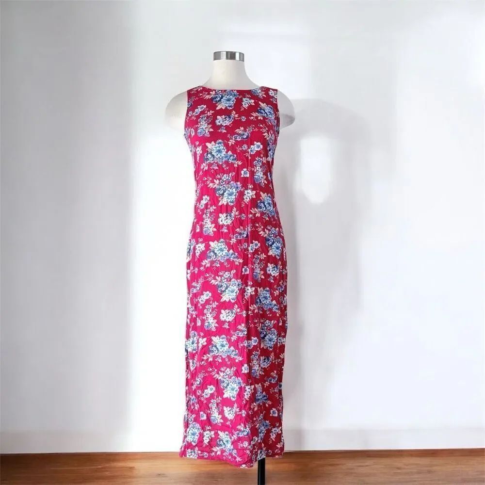 Bobbie Brooks Ditsy Floral Red Blue Maxi Peasant Dress Daisy Rose S Small